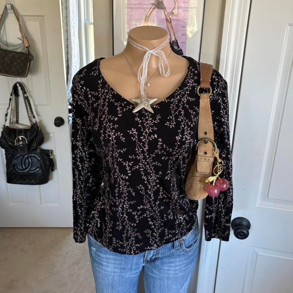 y2k 2000s whimsygoth black floral long sleeve fitted top delicate print